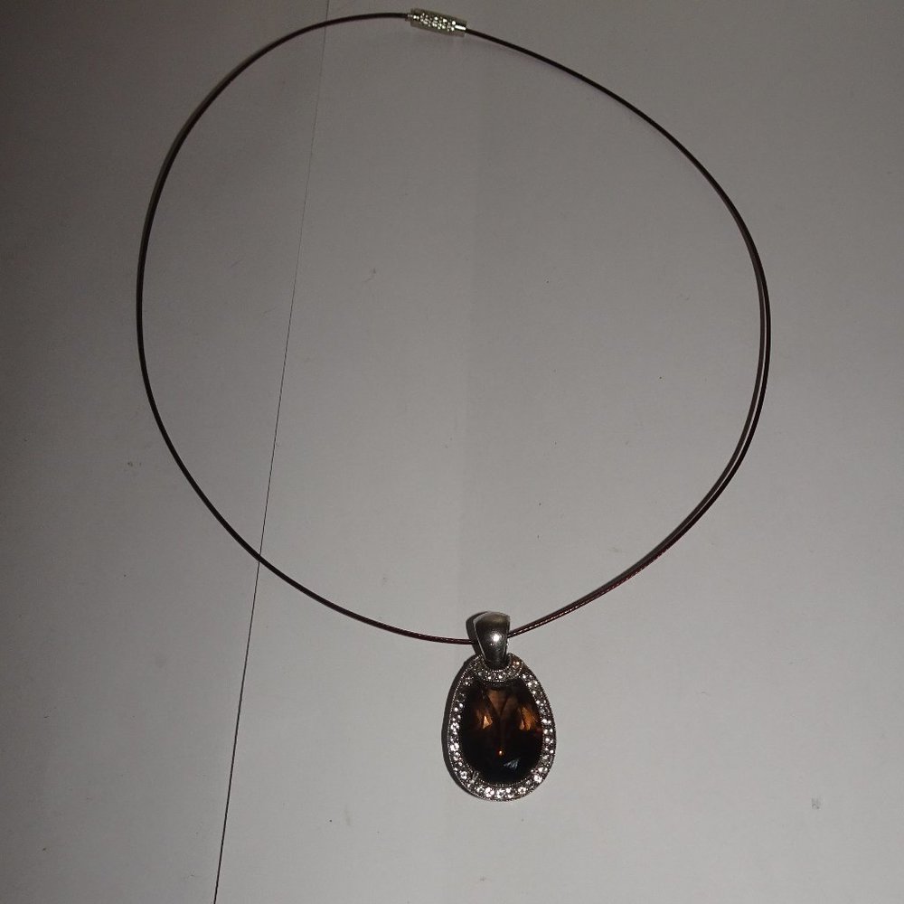 J & T 925 SS Wire Chain Smokey Quartz Necklace